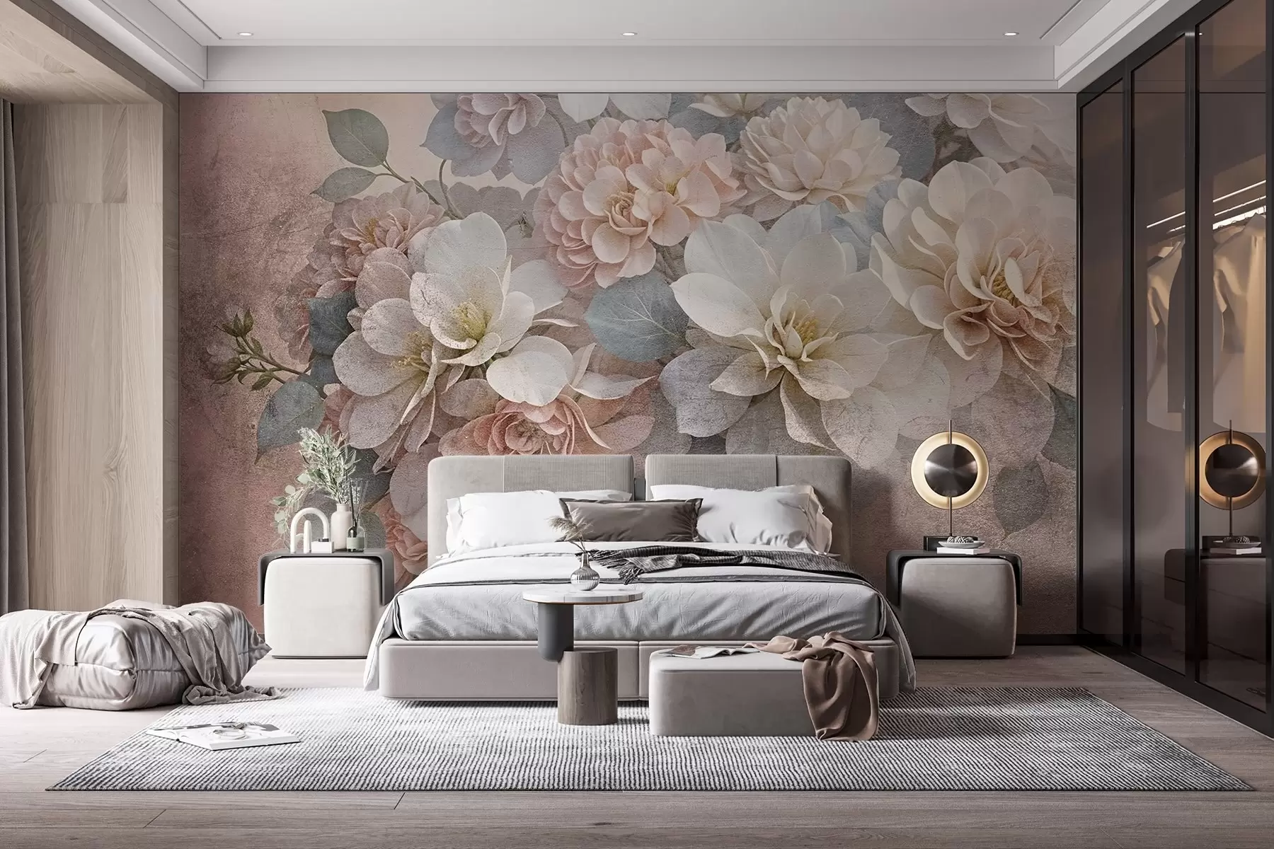 wall murals Soft textural print with peach and white peony flowers with green leaves on the beige background w08534
