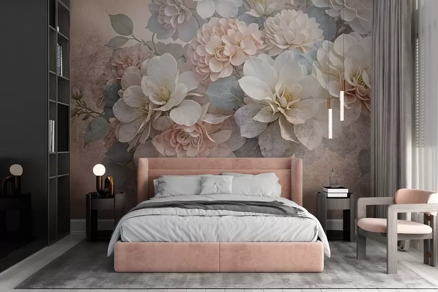 wall murals Soft textural print with peach and white peony flowers with green leaves on the beige background w08534