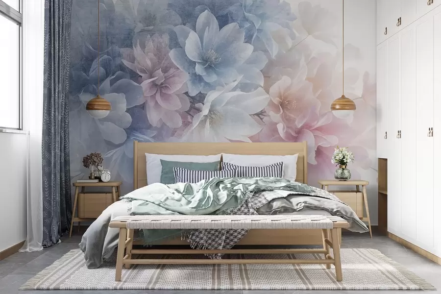 wall murals Soft, pastel-colored textural floral arrangement with large, delicate flowers in shades of pink, blue and white  w08535