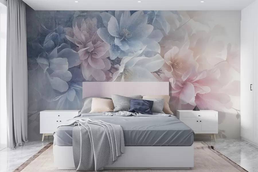 wall murals Soft, pastel-colored textural floral arrangement with large, delicate flowers in shades of pink, blue and white  w08535