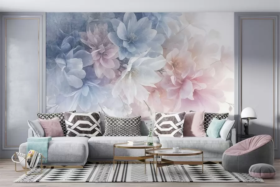 wall murals Soft, pastel-colored textural floral arrangement with large, delicate flowers in shades of pink, blue and white  w08535
