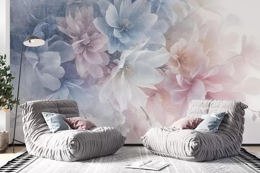 wall murals Soft, pastel-colored textural floral arrangement with large, delicate flowers in shades of pink, blue and white  w08535