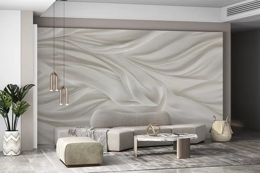 wall murals Modern print with imitation of smooth, flowing white fabric with soft, billowing folds and creases w08537