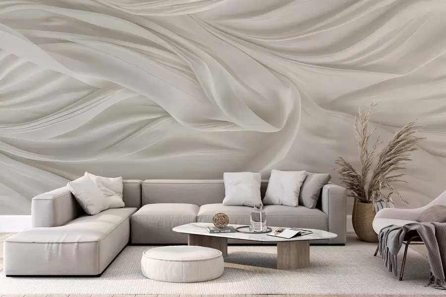 wall murals Modern print with imitation of smooth, flowing white fabric with soft, billowing folds and creases w08537