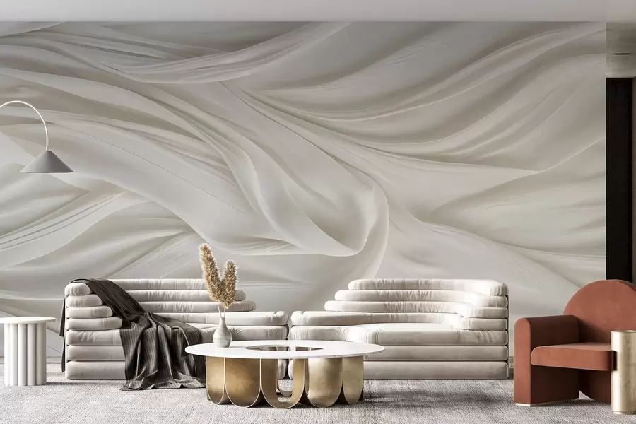 wall murals Modern print with imitation of smooth, flowing white fabric with soft, billowing folds and creases w08537