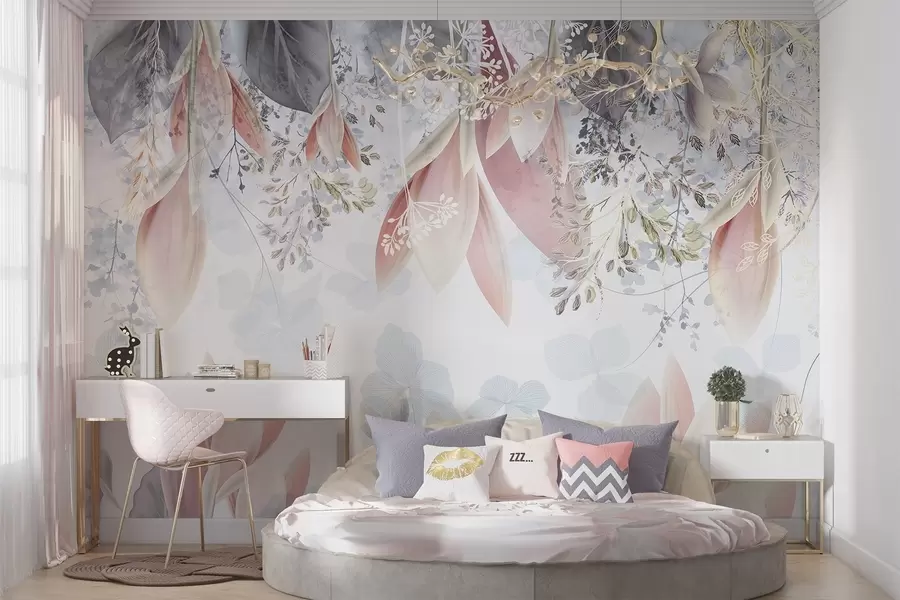 wall murals Soft, pastel-colored floral print with delicate petals and leaves in shades of pink, white, and gray w08538