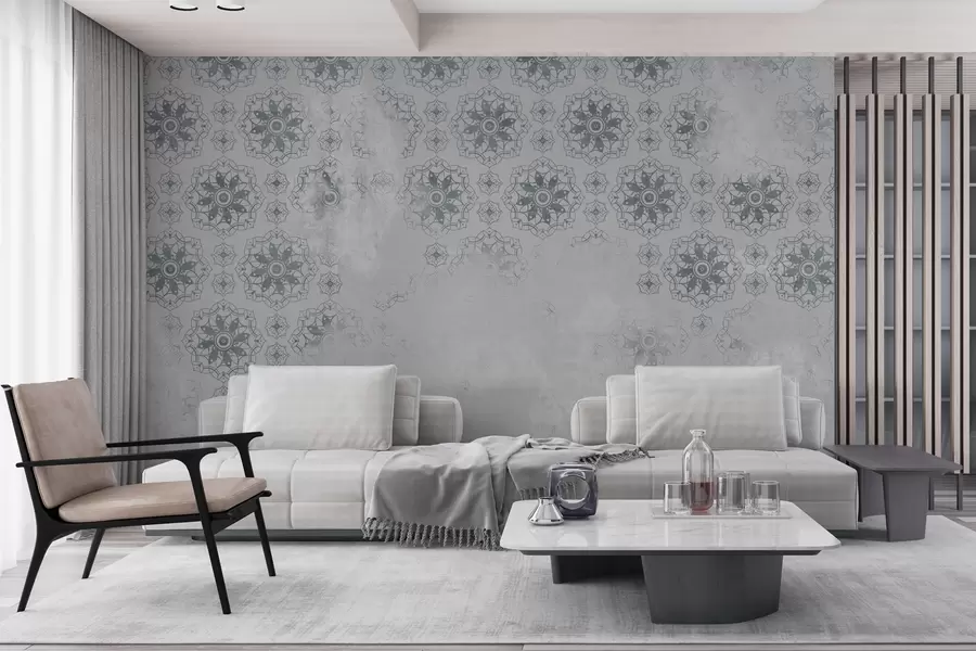 wall murals Vintage design with mandala elements and distressed effect in light grey w02551v2