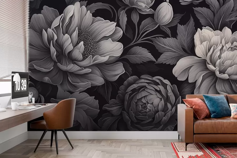 wall murals Black and grey flowers on a dark background w02575