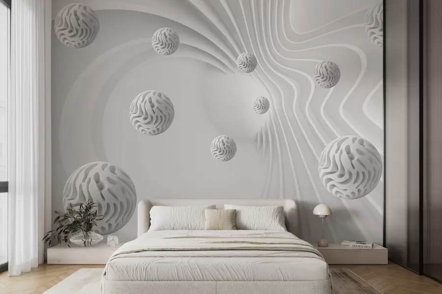 wall murals 3D gray abstraction with spheres and depth effect w08553