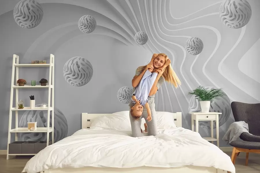 wall murals 3D gray abstraction with spheres and depth effect w08553