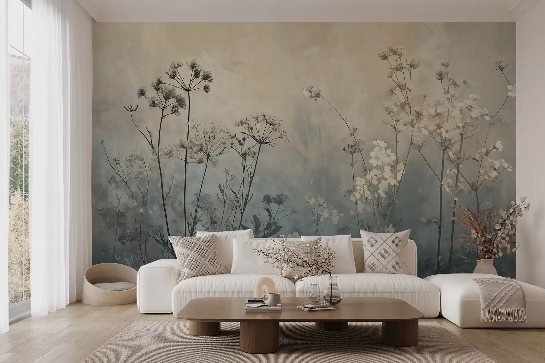 wall murals eco-style wallpaper with wildflowers and plants on a textured background w02685