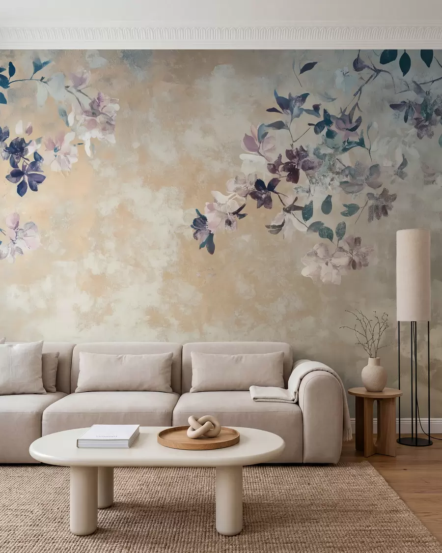 wall murals retro style wallpaper with branches and flowers w02686