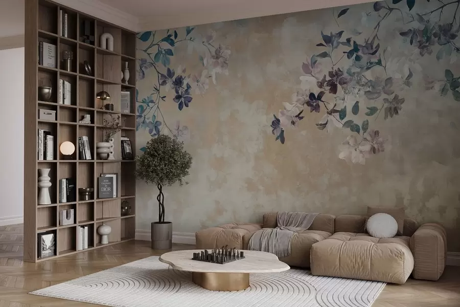 wall murals retro style wallpaper with branches and flowers w02686
