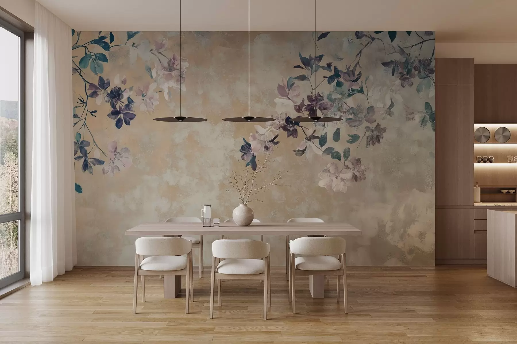 wall murals retro style wallpaper with branches and flowers w02686