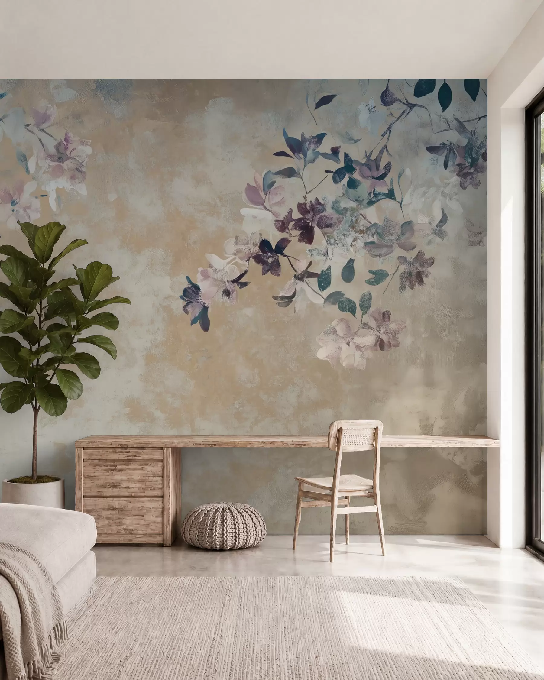 wall murals retro style wallpaper with branches and flowers w02686