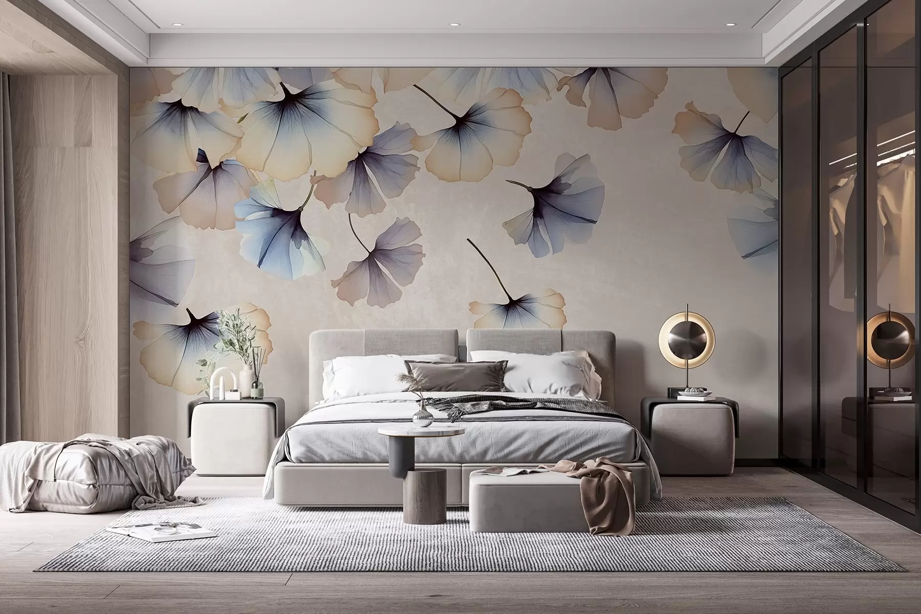 wall murals Pastel-colored blue and beige ginkgo leaves with delicate petals floating in the air against a textural background w08578