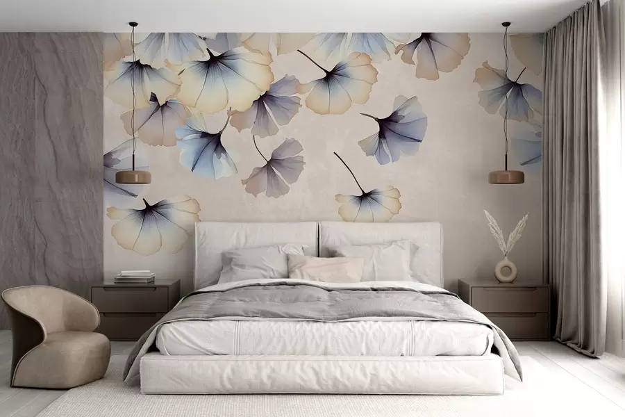 wall murals Pastel-colored blue and beige ginkgo leaves with delicate petals floating in the air against a textural background w08578