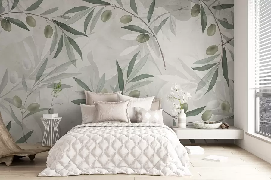 wall murals Olive branches with green leaves and olives on a light background w08576