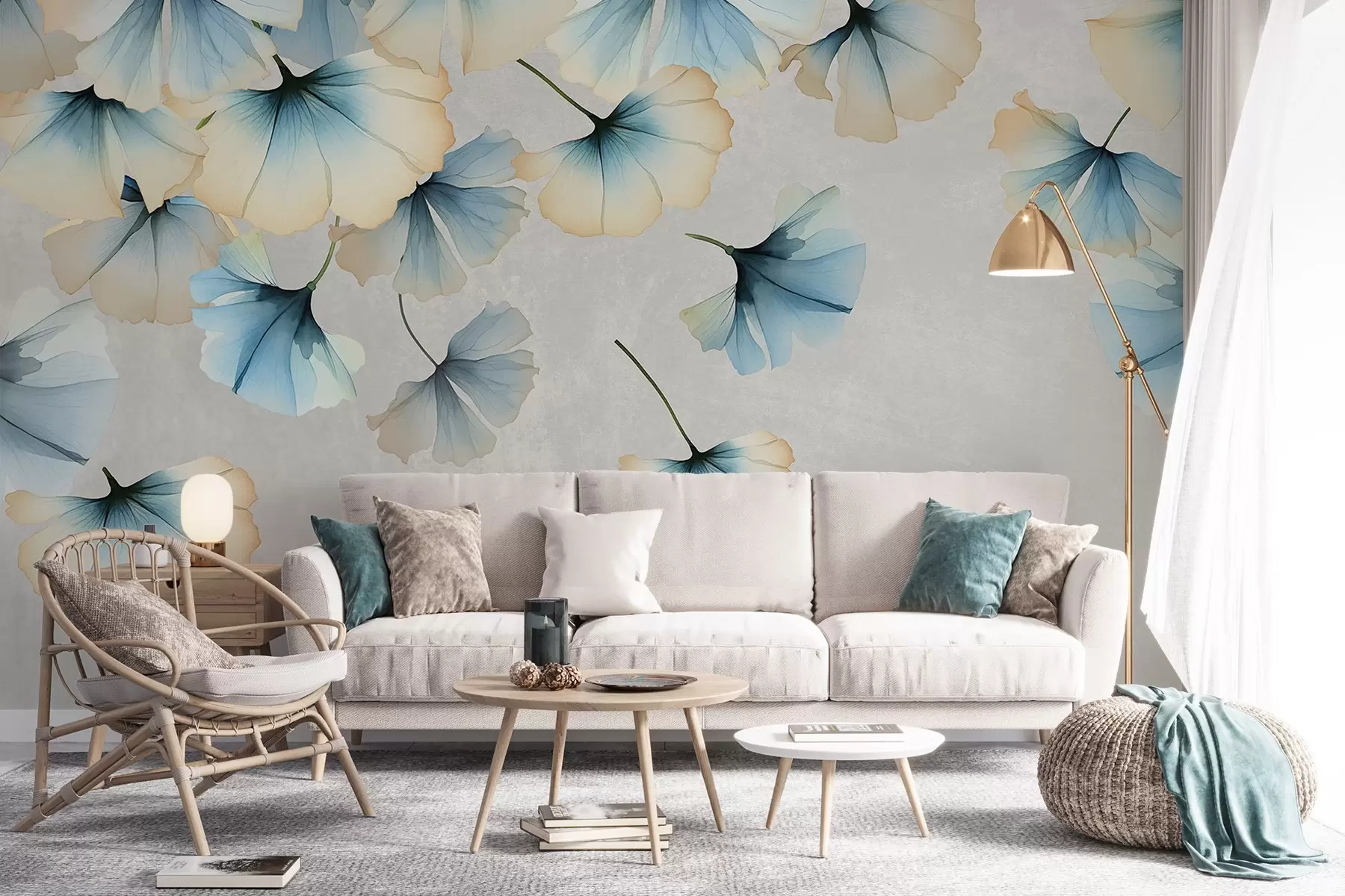 wall murals Pastel-colored blue and yellow ginkgo leaves with delicate petals floating in the air against a textural background w08578v1