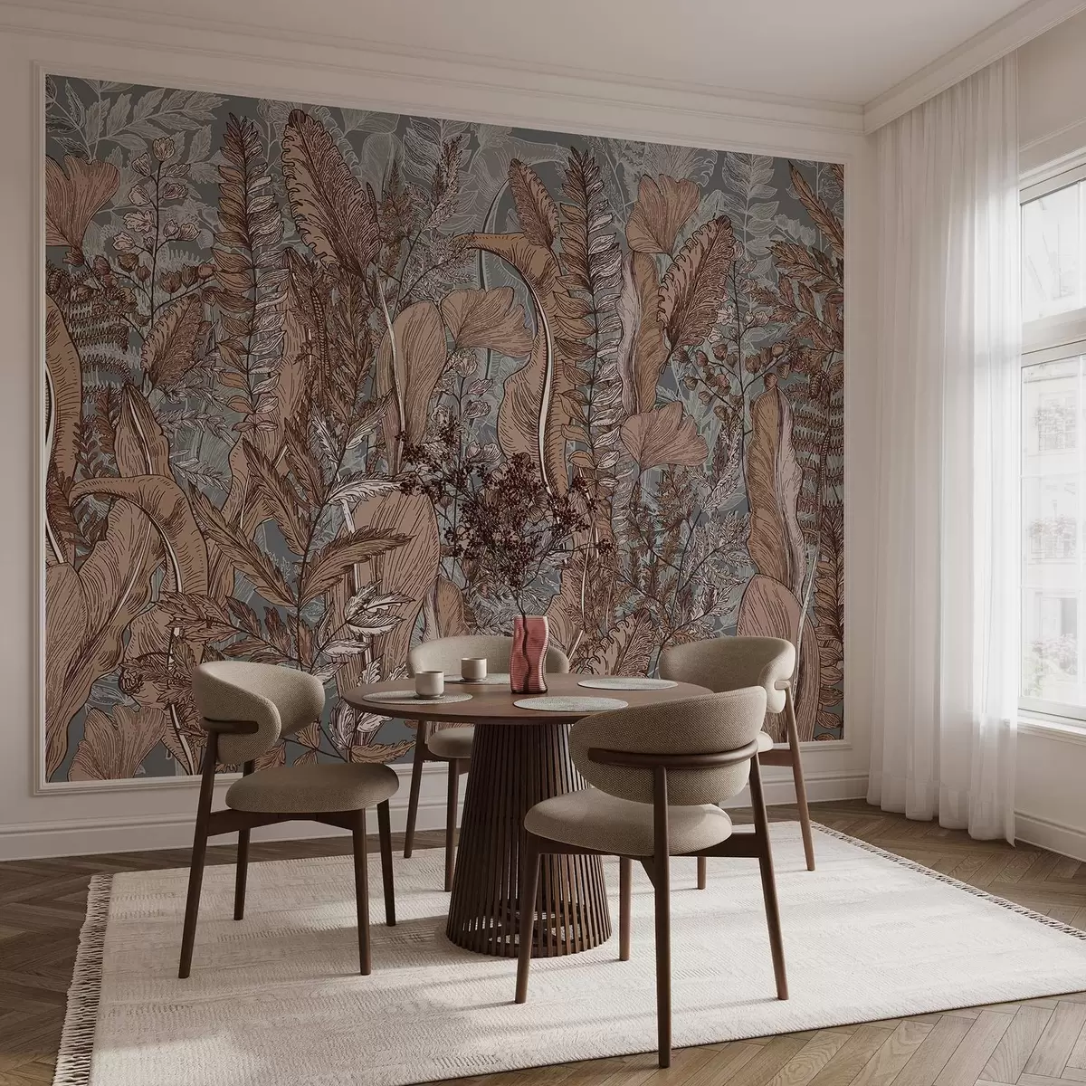 wall murals A lush, verdant forest with various types of ferns, leaves, and foliage in shades of brown, blue and gray w08579v1