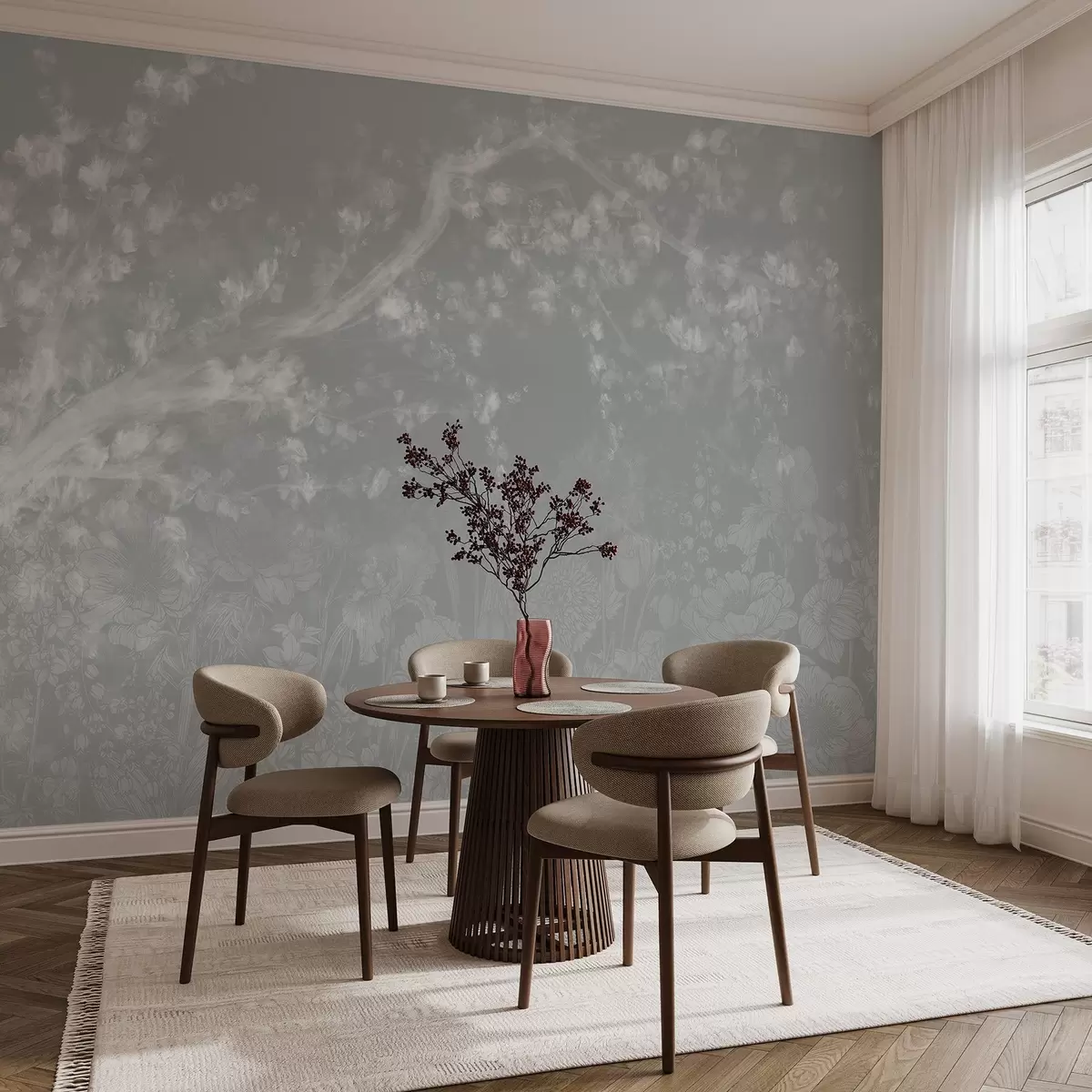 wall murals Blurry, out-of-focus print with a white hazy tree branches with soft light floral background  w08581
