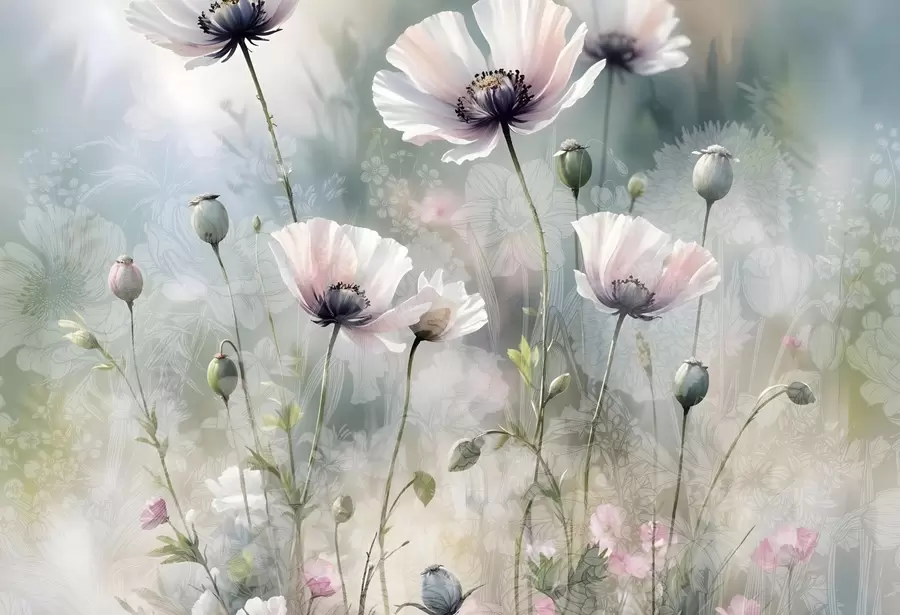 wall murals Delicate pink and purple poppies with green stems and buds against a soft, blurred textured background w08585