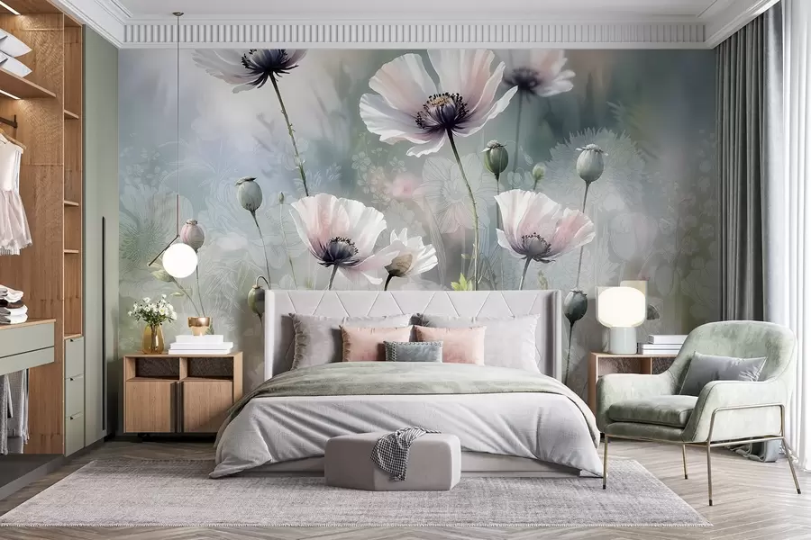 wall murals Delicate pink and purple poppies with green stems and buds against a soft, blurred textured background w08585