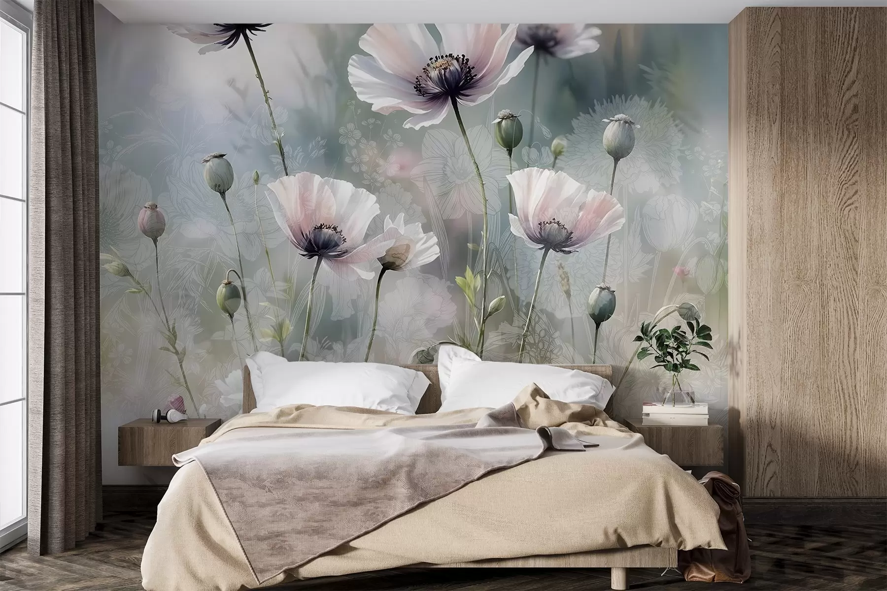 wall murals Delicate pink and purple poppies with green stems and buds against a soft, blurred textured background w08585