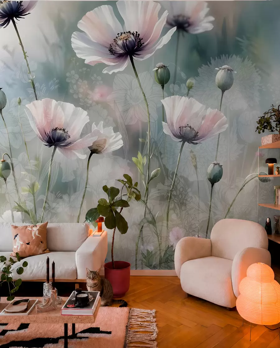 wall murals Delicate pink and purple poppies with green stems and buds against a soft, blurred textured background w08585