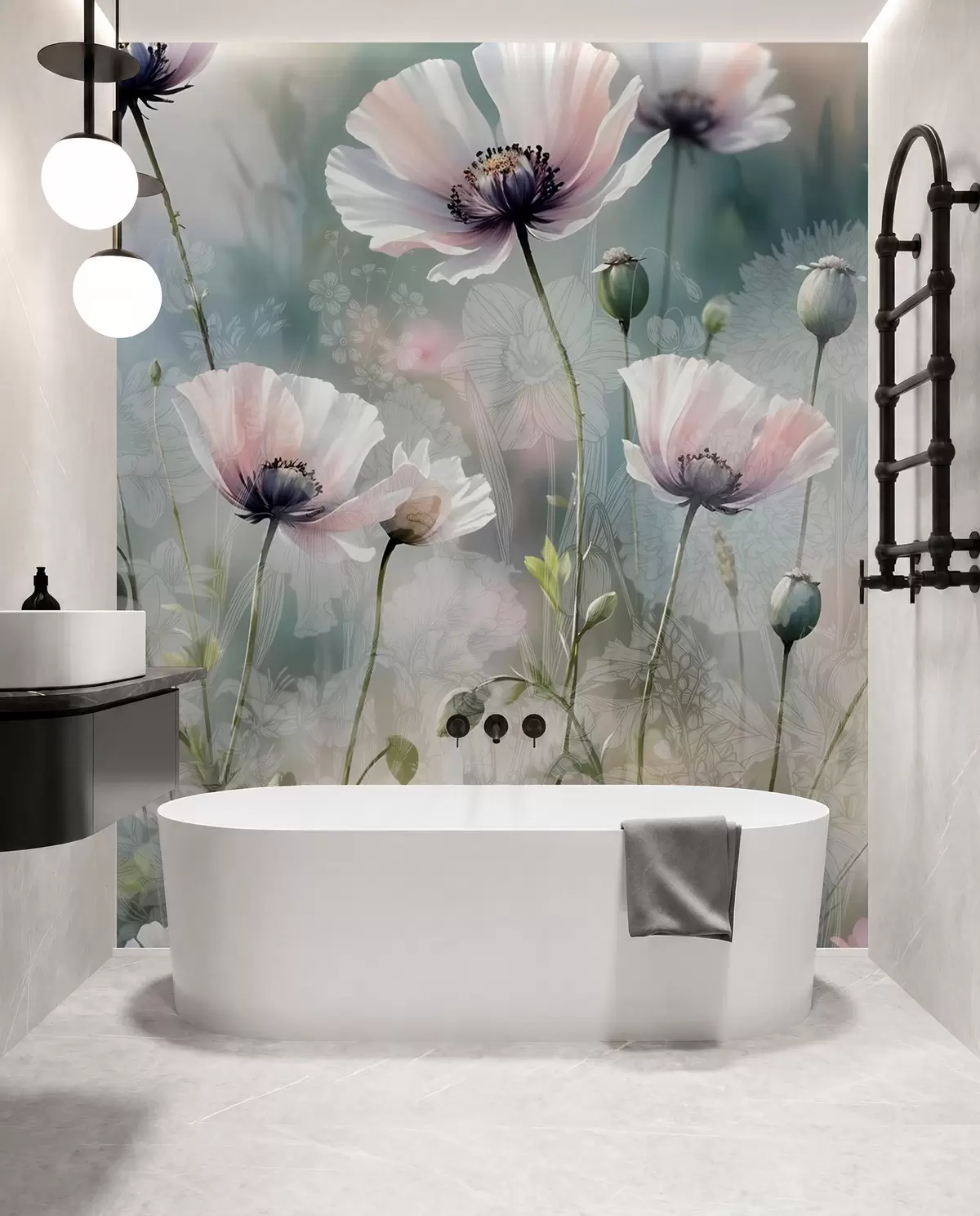 wall murals Delicate pink and purple poppies with green stems and buds against a soft, blurred textured background w08585