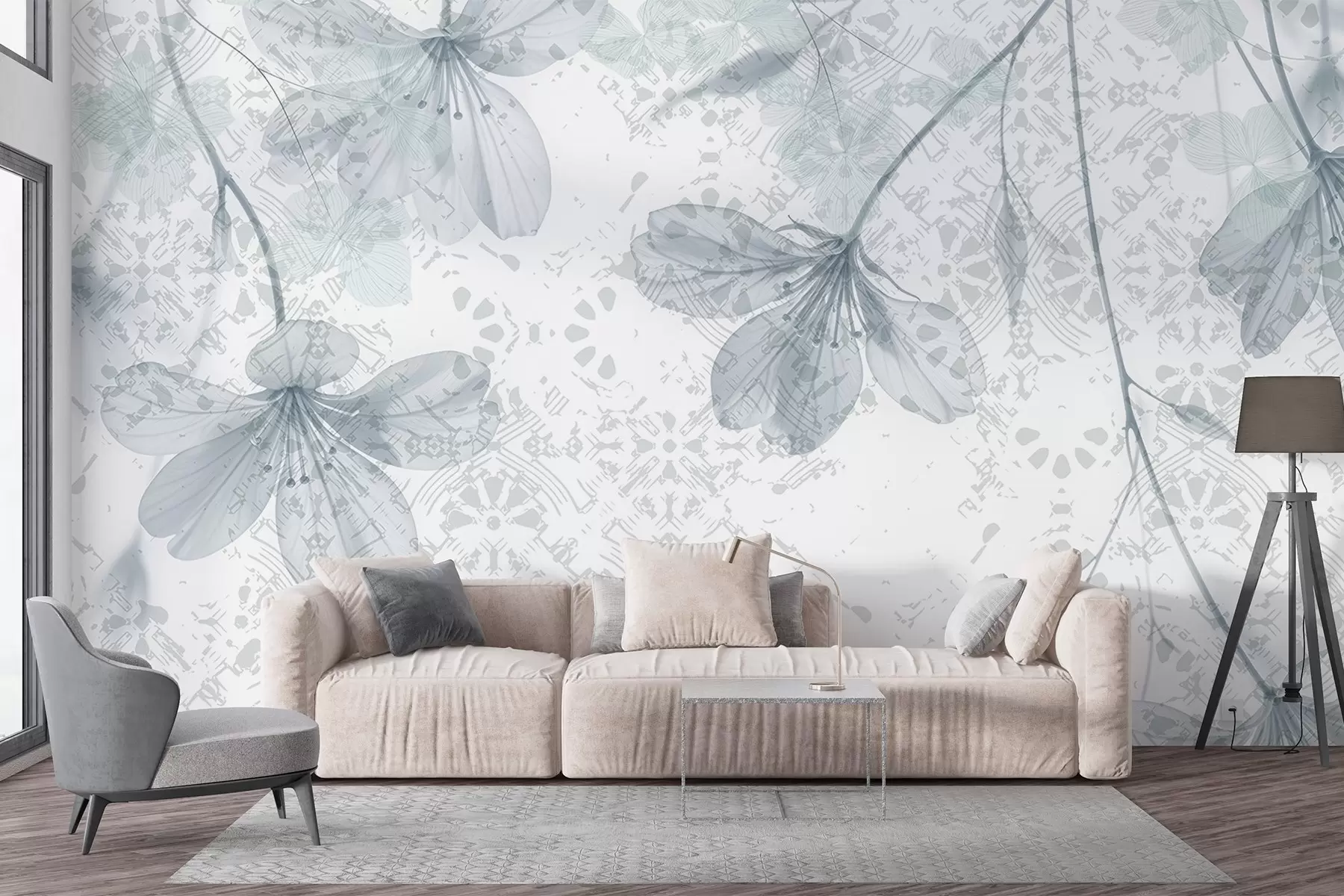 wall murals Delicate blue and white flowers with long stems and petals against a soft, blurred textural background w08588
