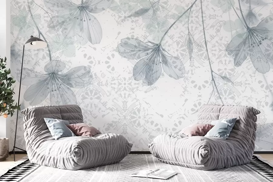 wall murals Delicate blue and white flowers with long stems and petals against a soft, blurred textural background w08588