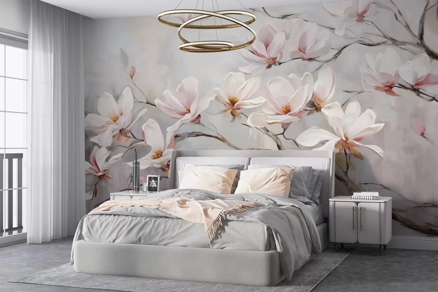 wall murals Delicate pink magnolia flowers blooming on bare tree branches against a soft, hazy background w08589