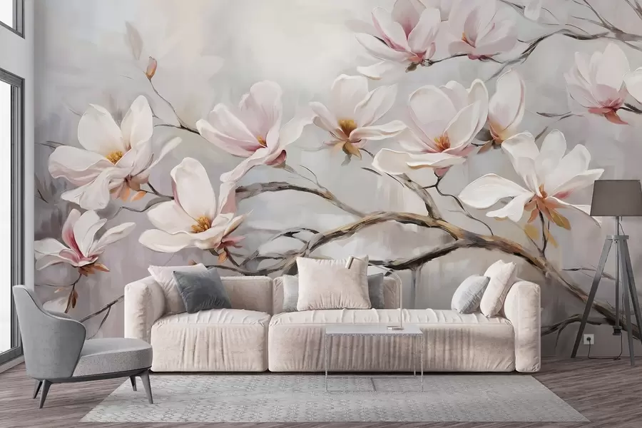 wall murals Delicate pink magnolia flowers blooming on bare tree branches against a soft, hazy background w08589