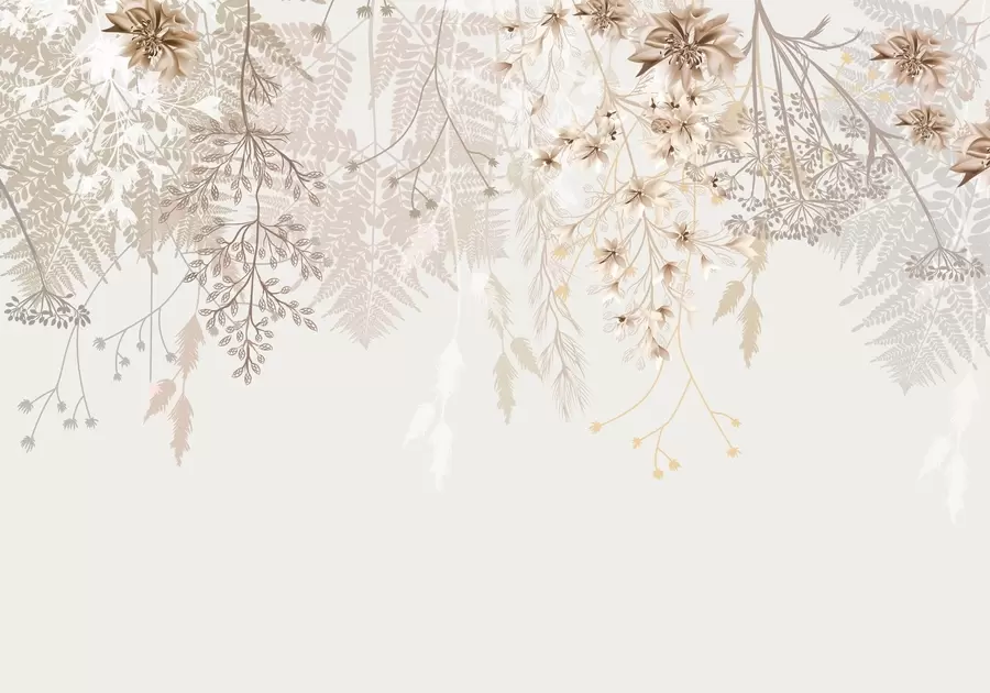 wall murals Delicate floral branches and grass with white, gray and beige flowers cascading down a light background w08598