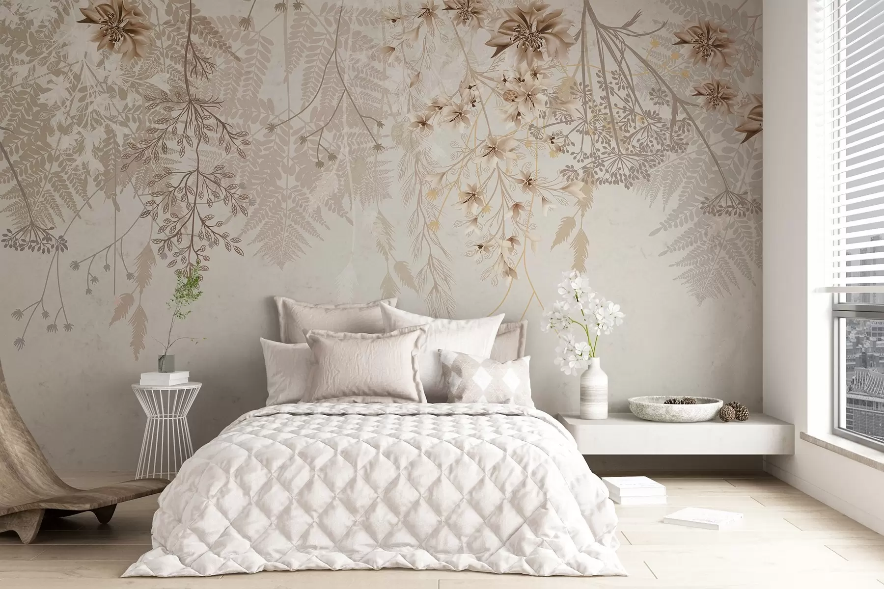 wall murals Delicate floral branches and grass with white, gray and beige flowers cascading down a light background w08598