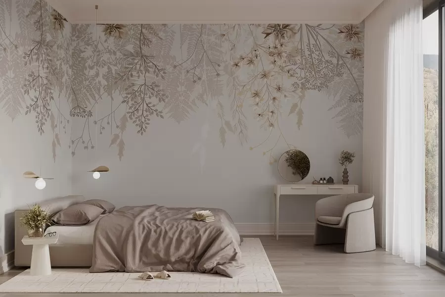 wall murals Delicate floral branches and grass with white, gray and beige flowers cascading down a light background w08598