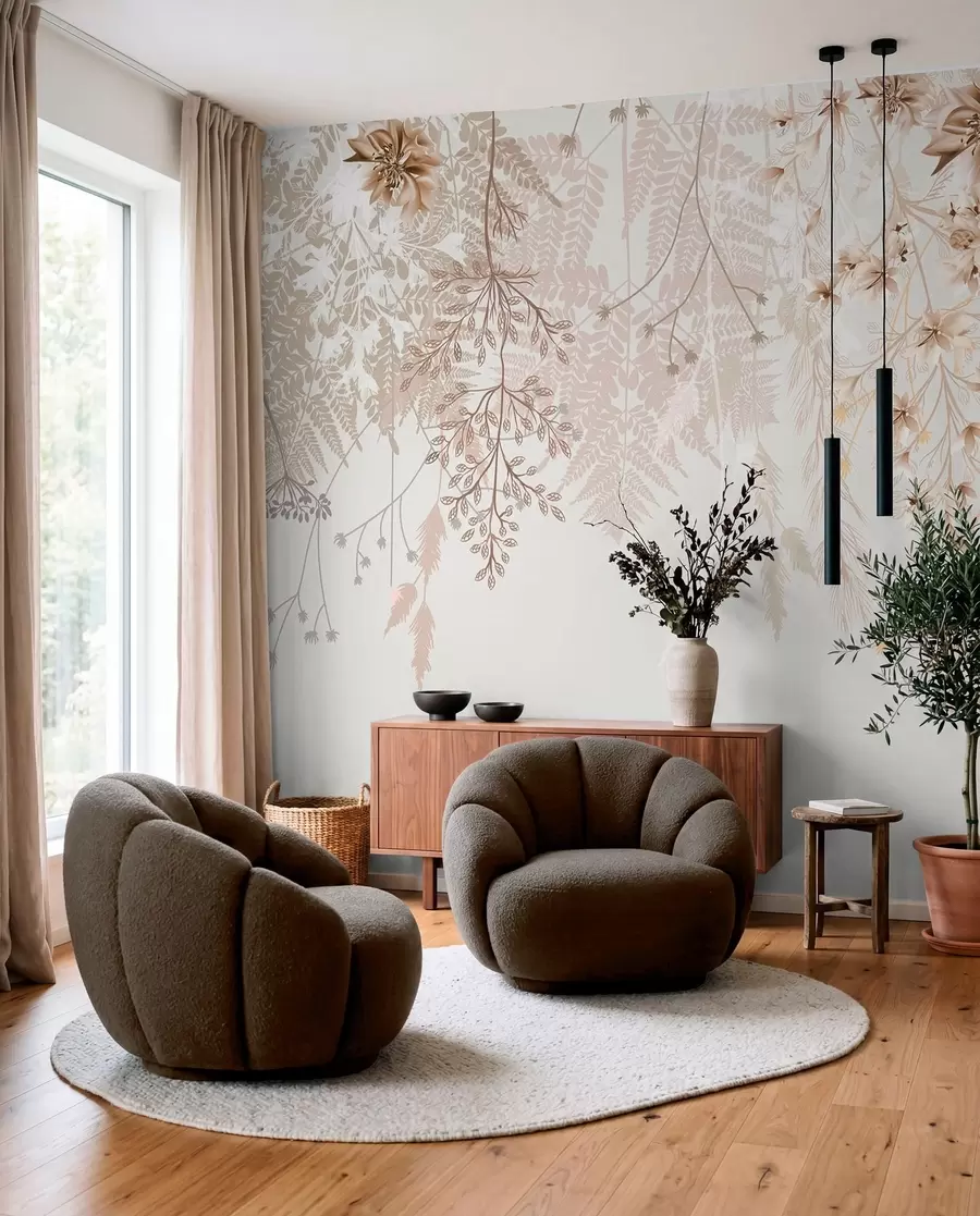 wall murals Delicate floral branches and grass with white, gray and beige flowers cascading down a light background w08598
