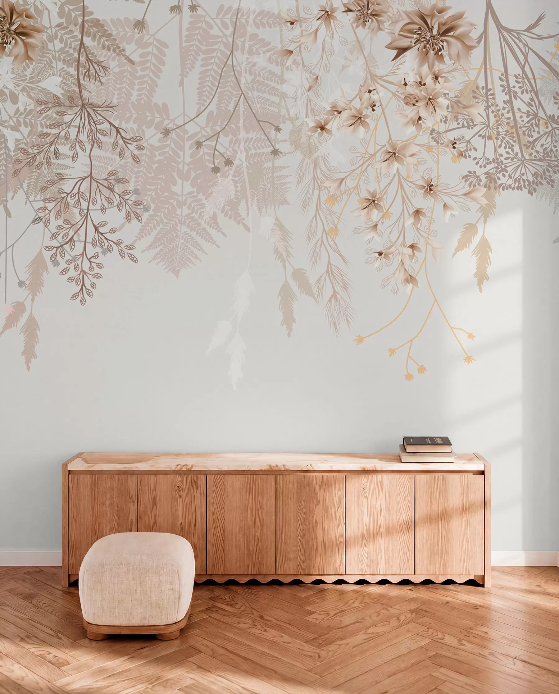 wall murals Delicate floral branches and grass with white, gray and beige flowers cascading down a light background w08598