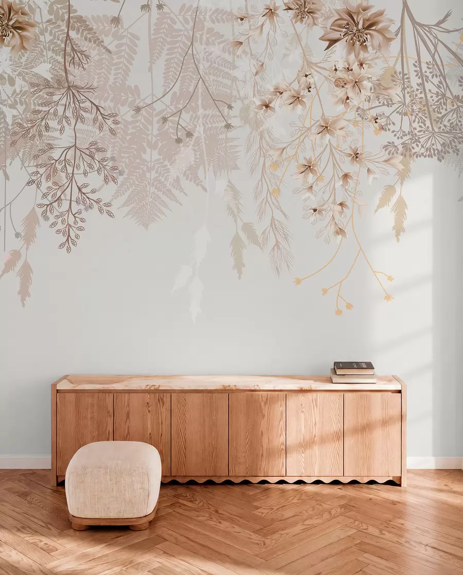 wall murals Delicate floral branches and grass with white, gray and beige flowers cascading down a light background w08598