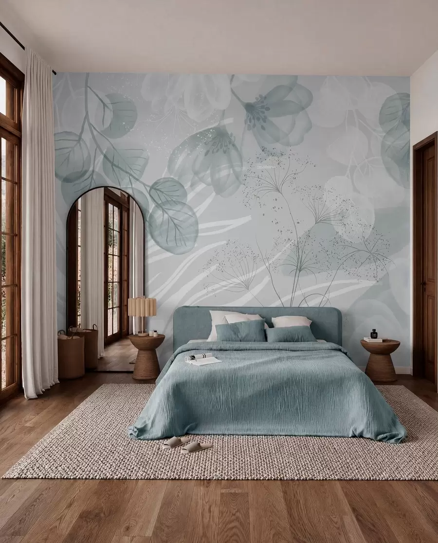 wall murals Floral eucaliptus elements in shades of blue and white with overlapping leaves and petals in a minimalist style w08599
