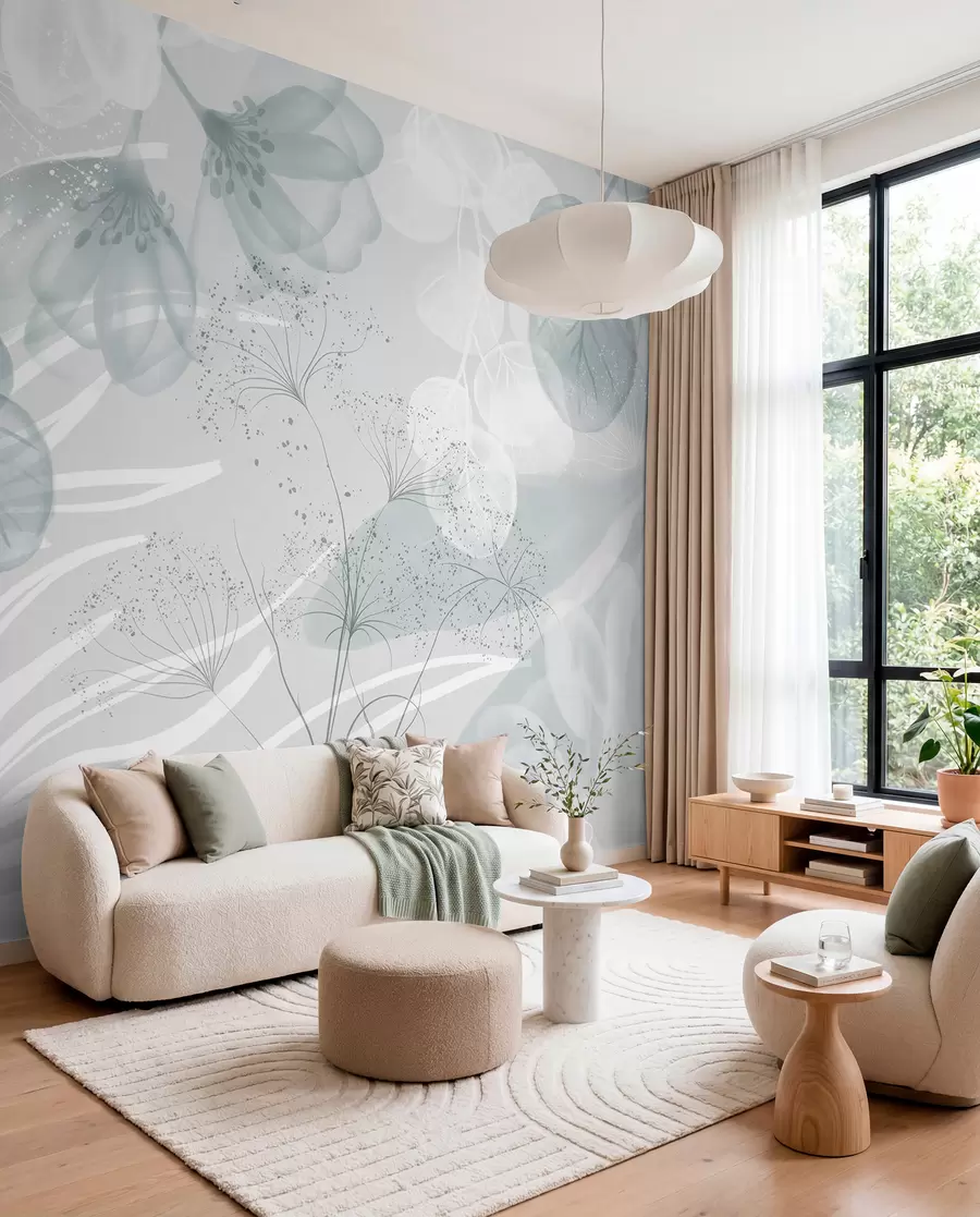 wall murals Floral eucaliptus elements in shades of blue and white with overlapping leaves and petals in a minimalist style w08599