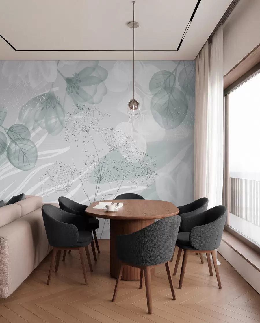 wall murals Floral eucaliptus elements in shades of blue and white with overlapping leaves and petals in a minimalist style w08599