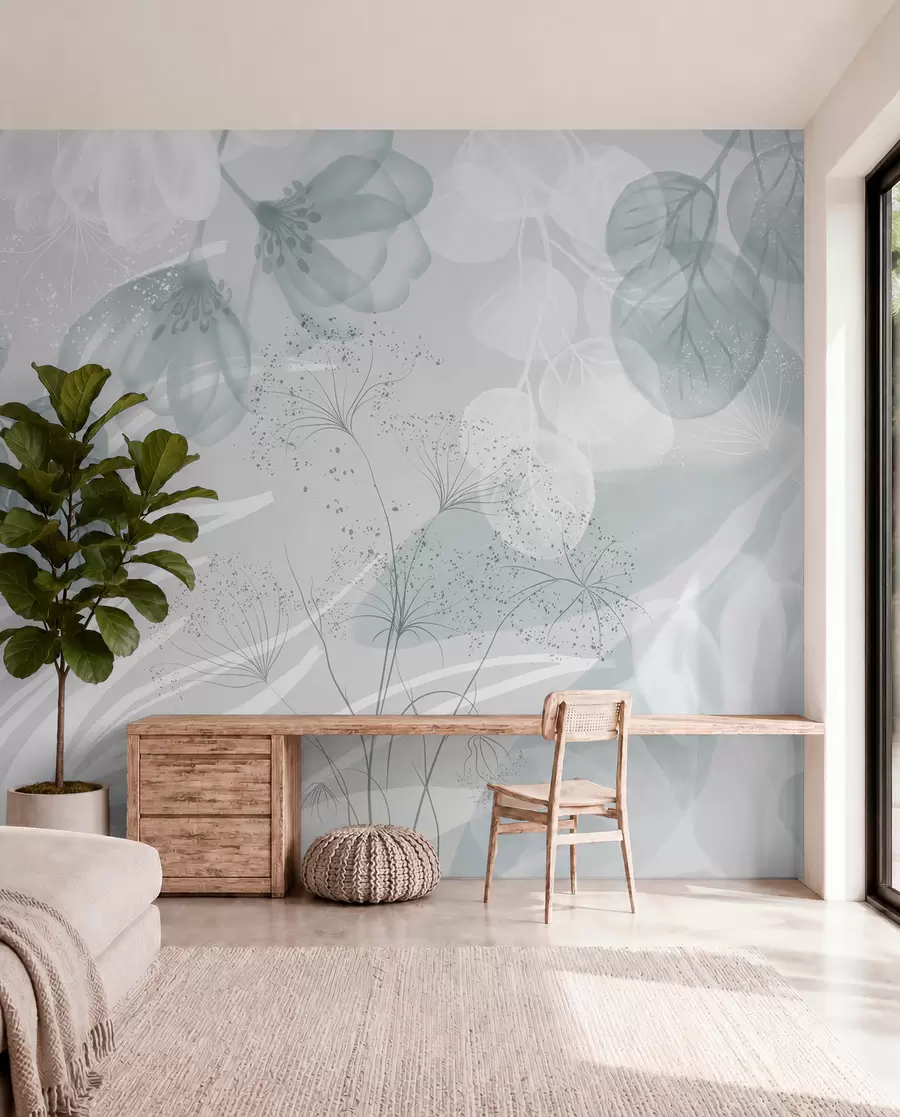 wall murals Floral eucaliptus elements in shades of blue and white with overlapping leaves and petals in a minimalist style w08599