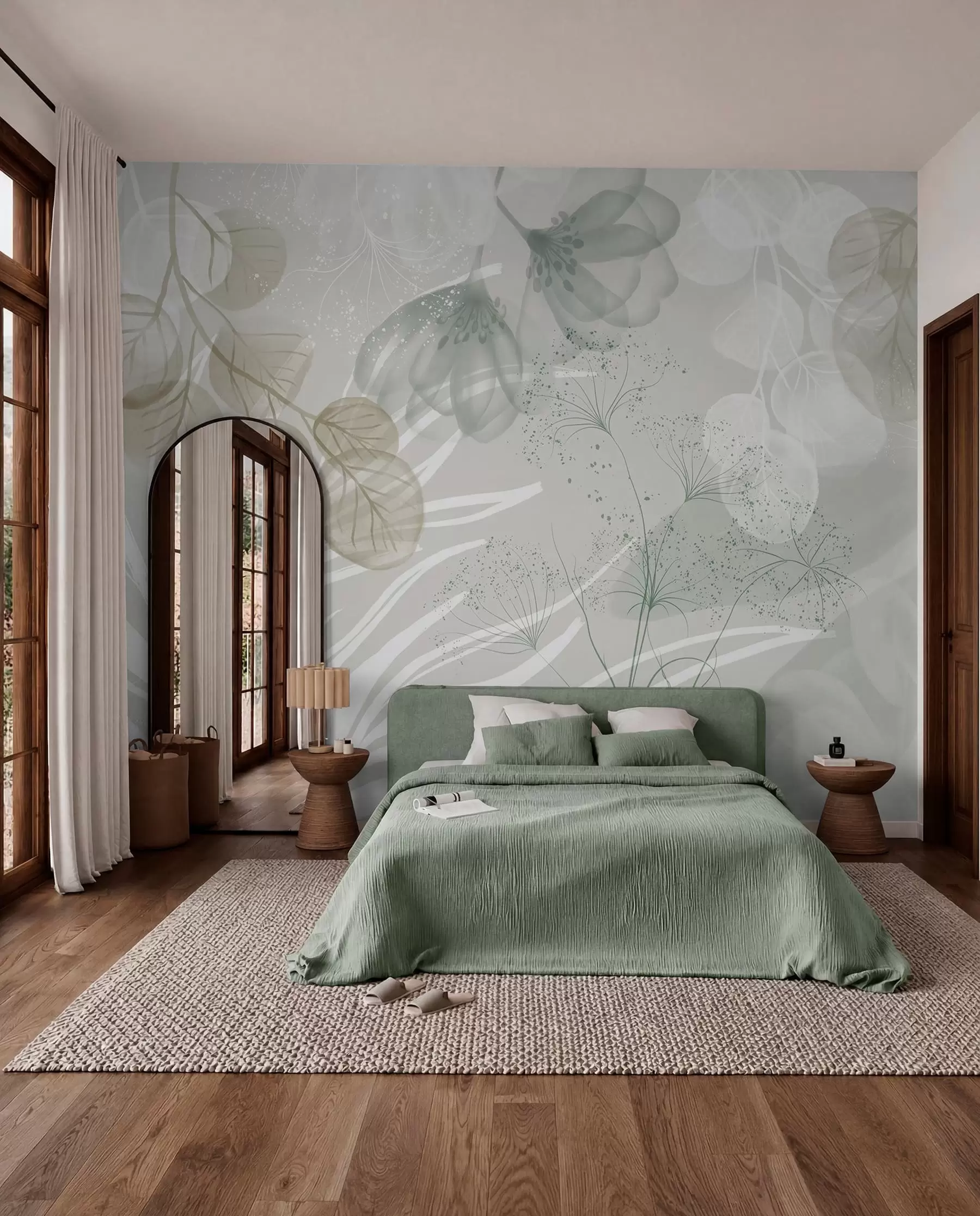 wall murals Floral eucaliptus elements in shades of green and white with overlapping leaves and petals in a minimalist style w08599v1