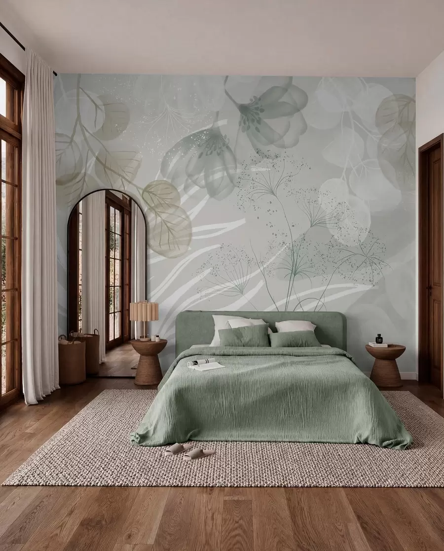 wall murals Floral eucaliptus elements in shades of green and white with overlapping leaves and petals in a minimalist style w08599v1