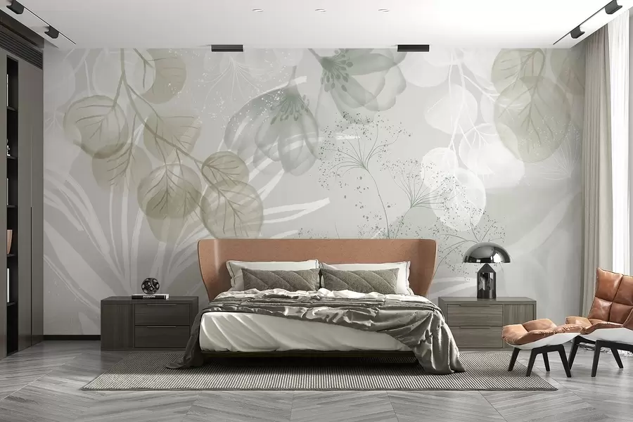 wall murals Floral eucaliptus elements in shades of green and white with overlapping leaves and petals in a minimalist style w08599v1