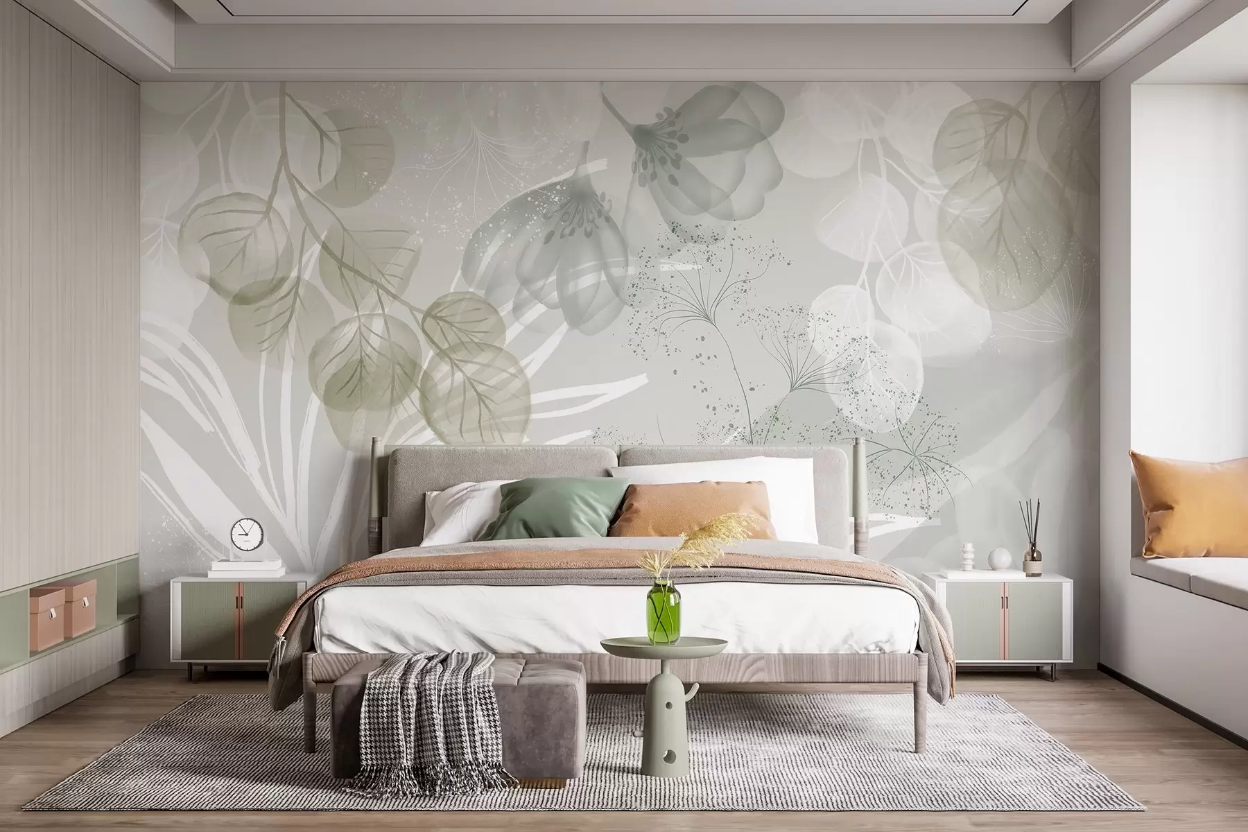 wall murals Floral eucaliptus elements in shades of green and white with overlapping leaves and petals in a minimalist style w08599v1