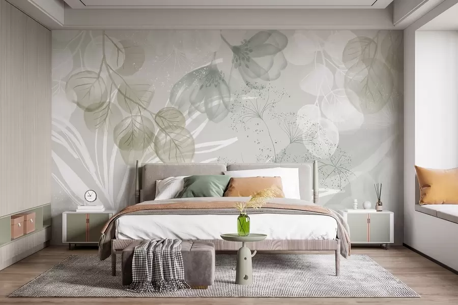 wall murals Floral eucaliptus elements in shades of green and white with overlapping leaves and petals in a minimalist style w08599v1