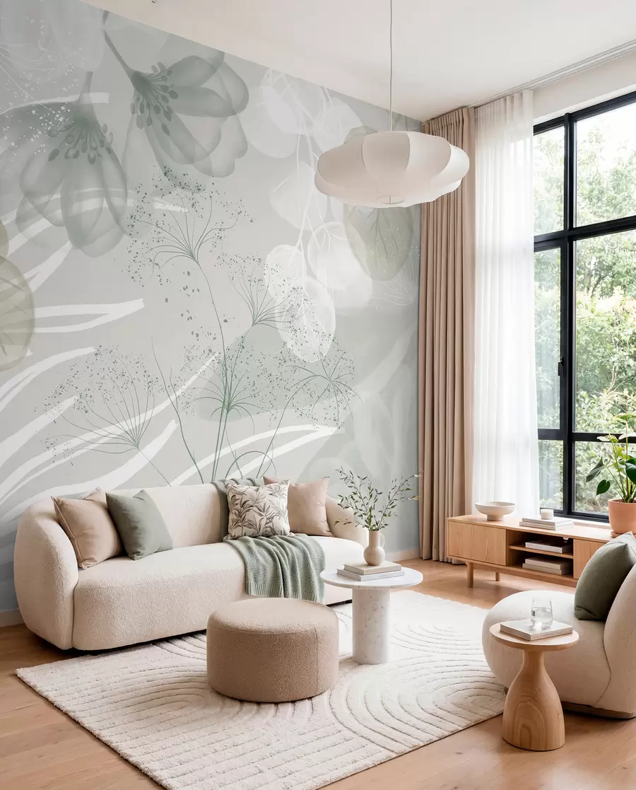 wall murals Floral eucaliptus elements in shades of green and white with overlapping leaves and petals in a minimalist style w08599v1